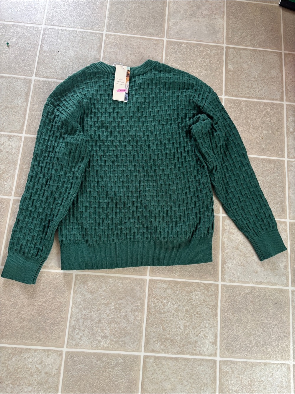 Button-Front Textured Crew Sweater in Teal Green - Women - Picture 8 of 8